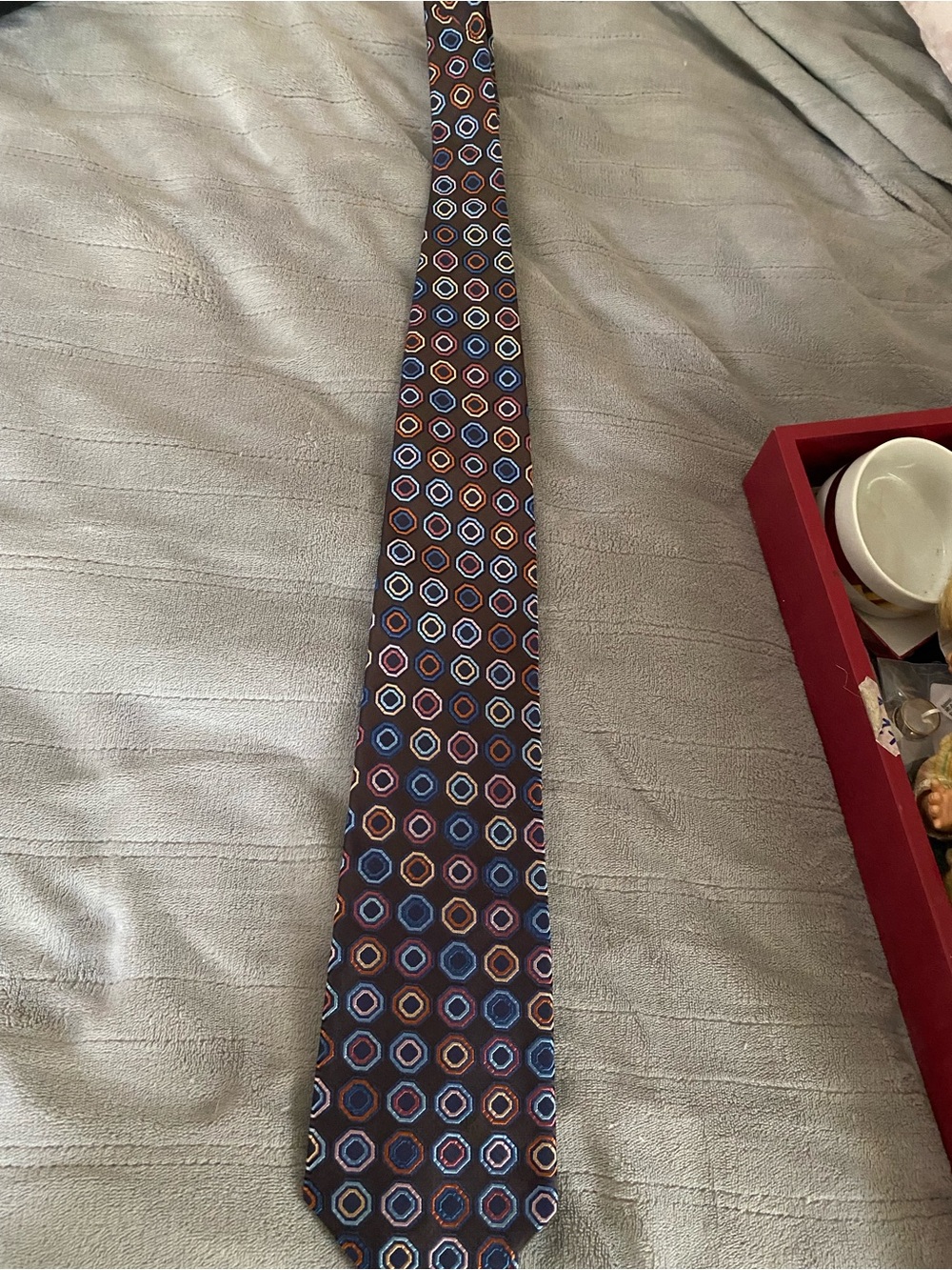 Men's Brown Geometric Tie with Blue and Tan Accent